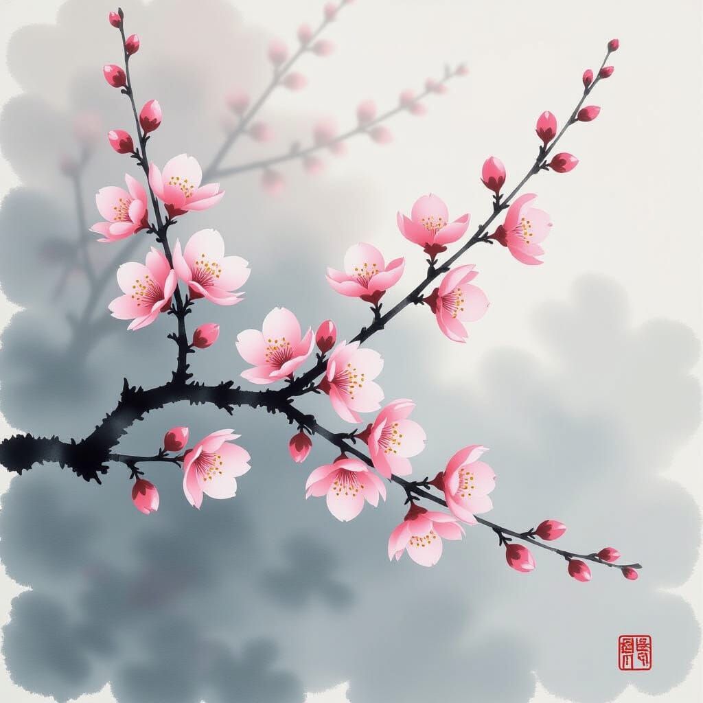 Cherry Blossom Branch in Ink Wash Style