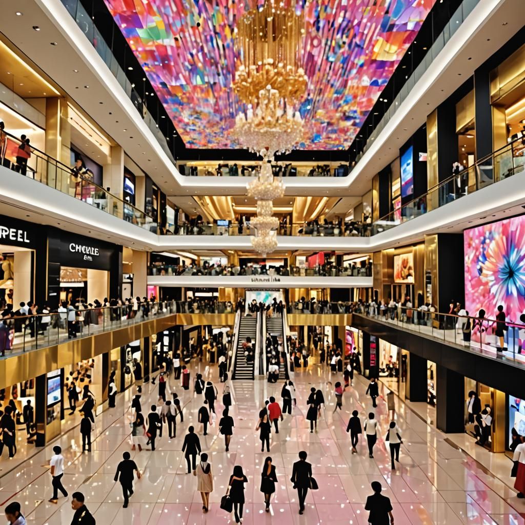 Bangkok Mall Scene with Crystal Chandeliers in 8k