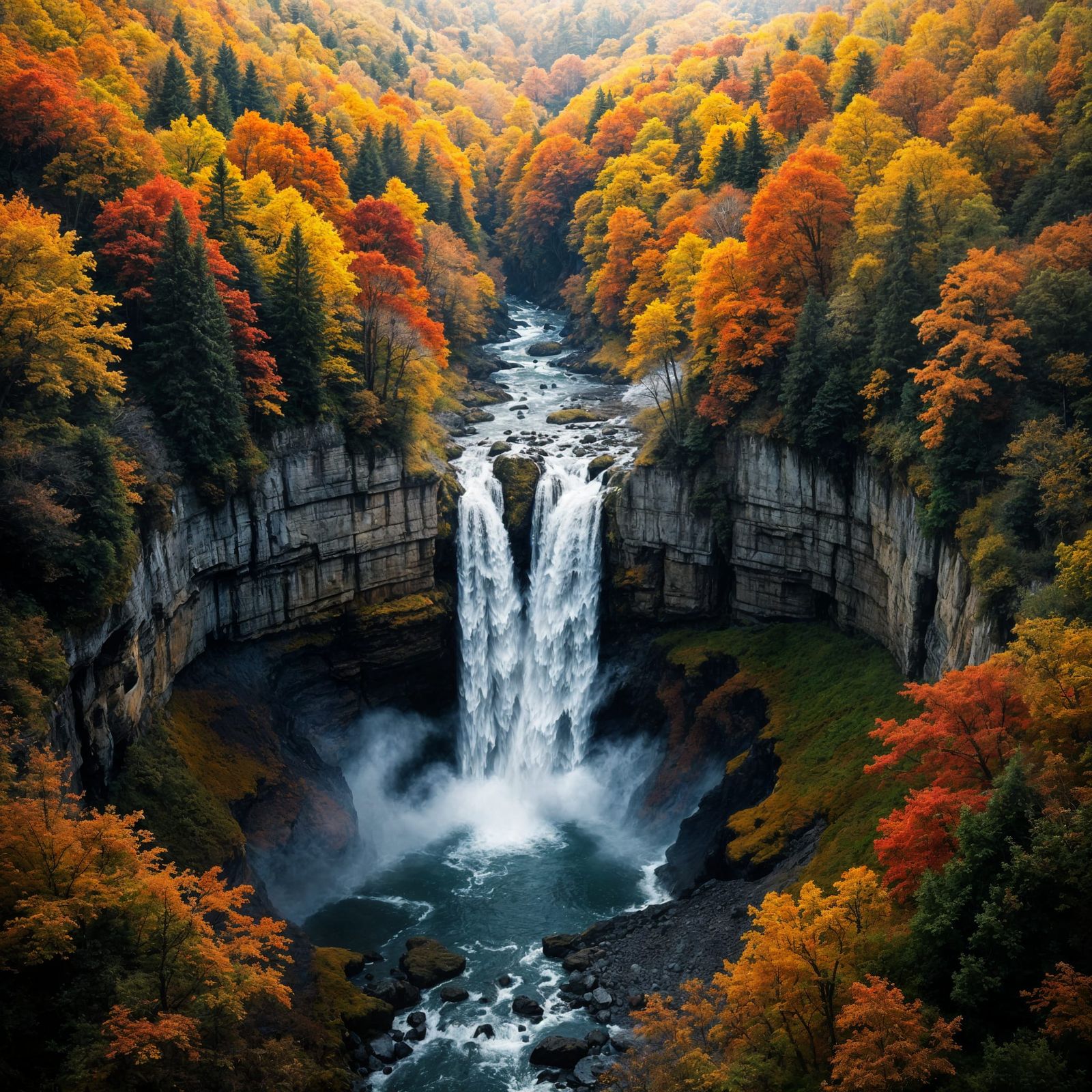 Autumn Waterfall Plunges into Deep Gorge