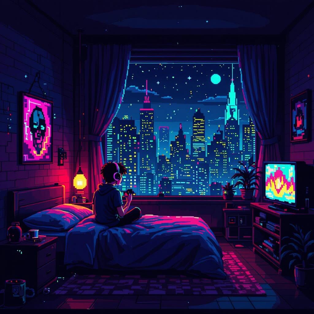 Retro 8-Bit Bedroom Scene with Neon Lights
