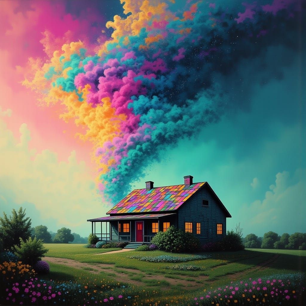 Surreal Tornado Sweeps Up Rustic House in Vibrant, Dreamlike...