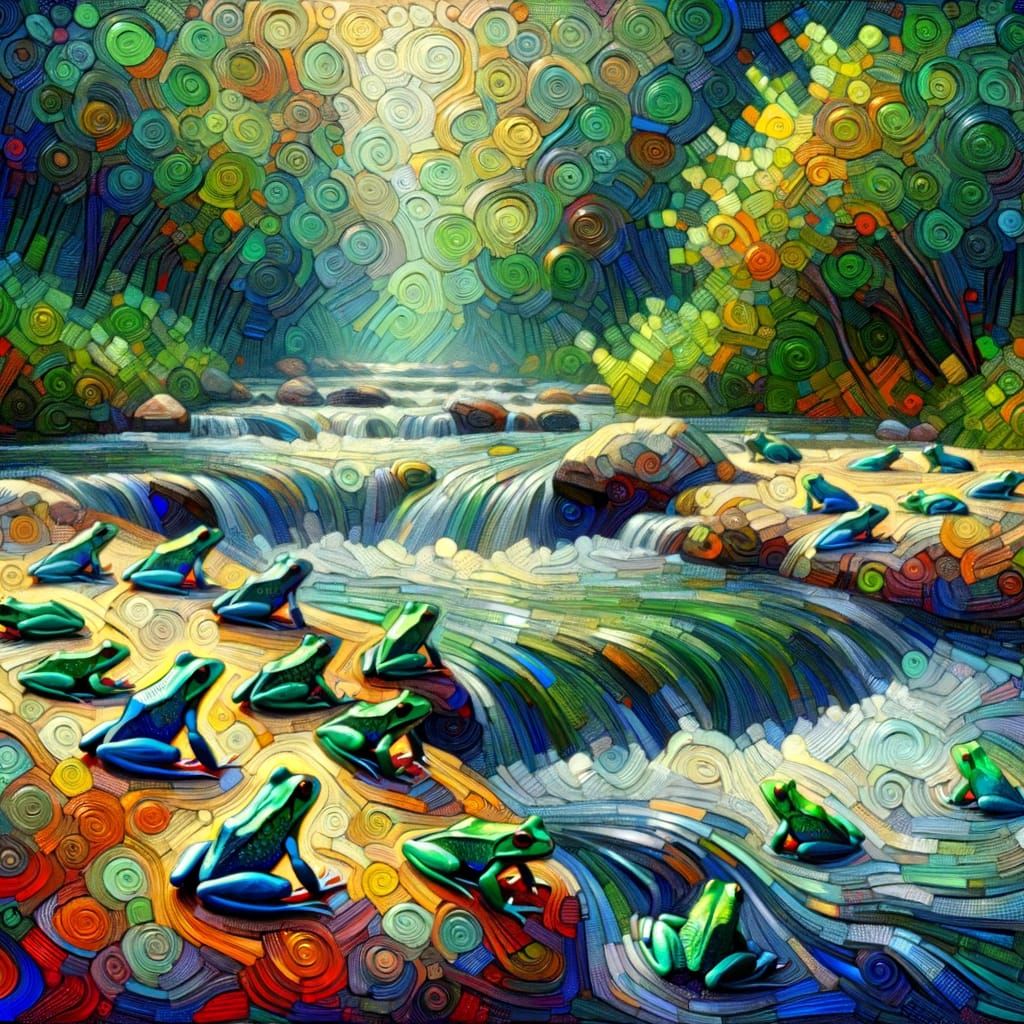 Lively Frogs in a Vibrant Cubist Brook
