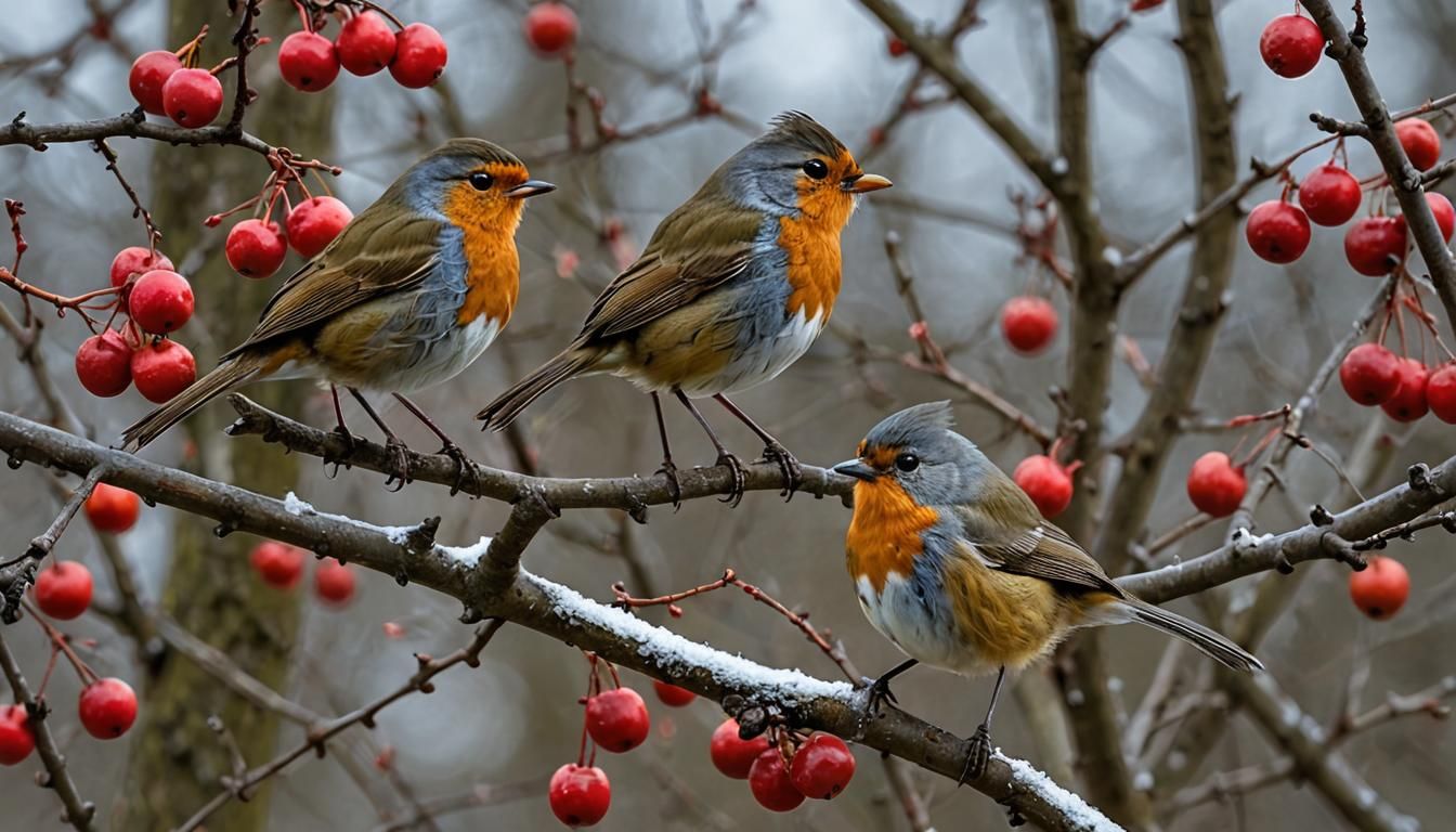 Robin and Titmouse on Apple Tree Branch