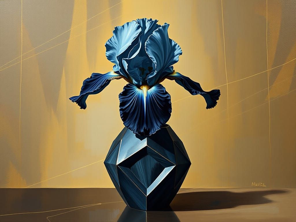 Goldenpunk Still Life with Geometric Vase and Fractal Floral...