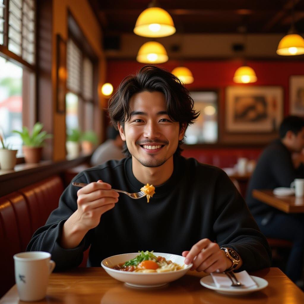Satisfied Diner in Cozy Atmosphere, Warm Lighting