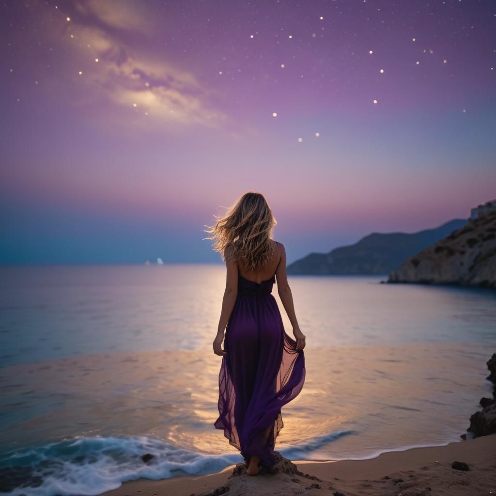 Woman on Greek Island at Night in Monet Style