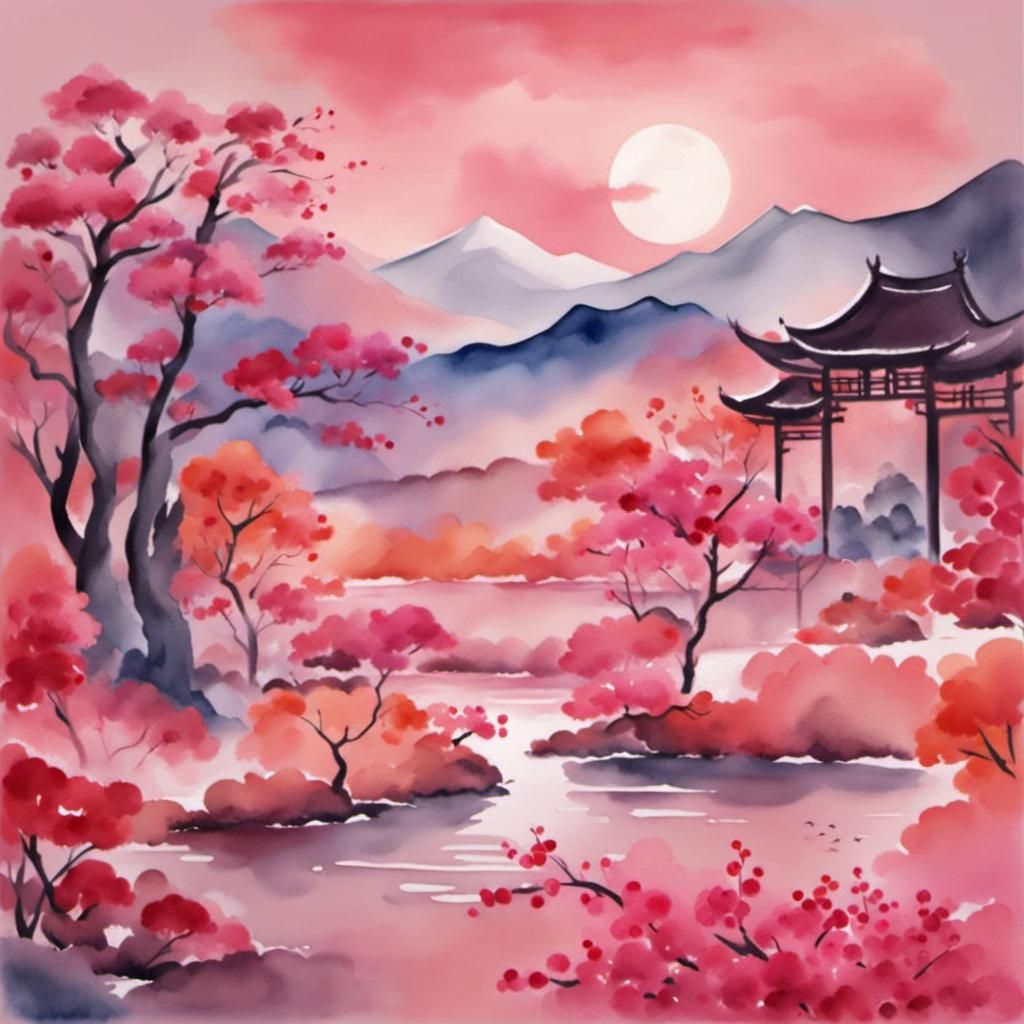 Lunar New Year Landscape in Watercolor Style