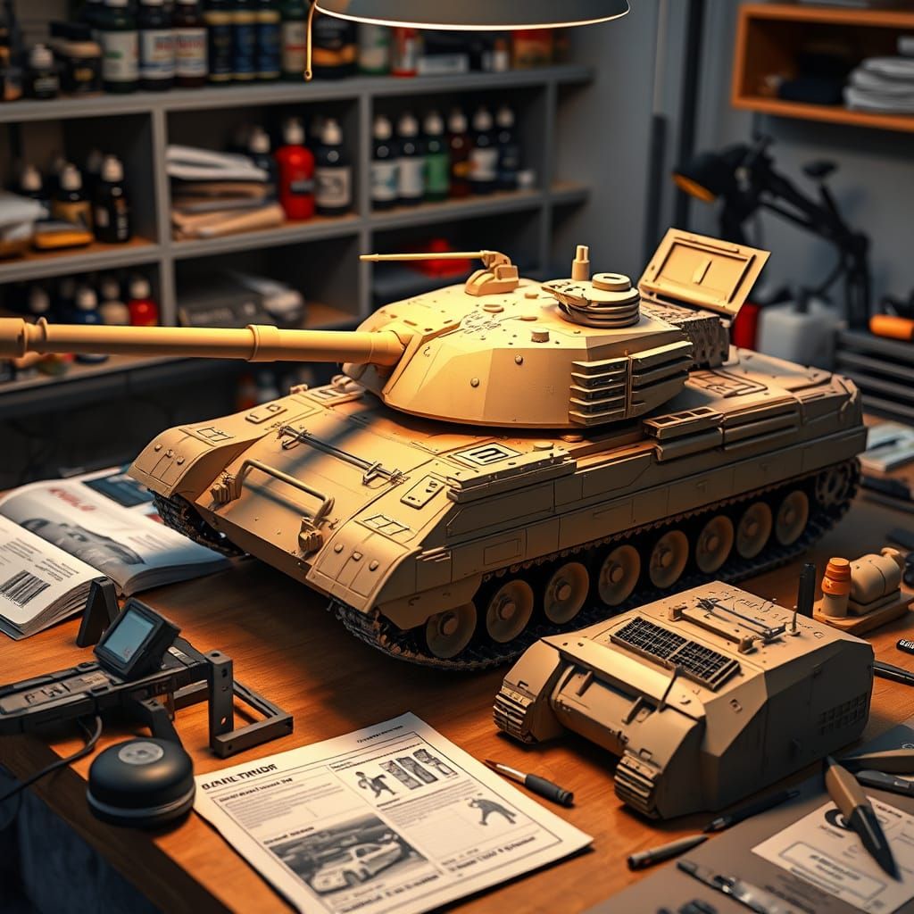 Realistic Israeli Main Battle Tank Model Kit on Workbench