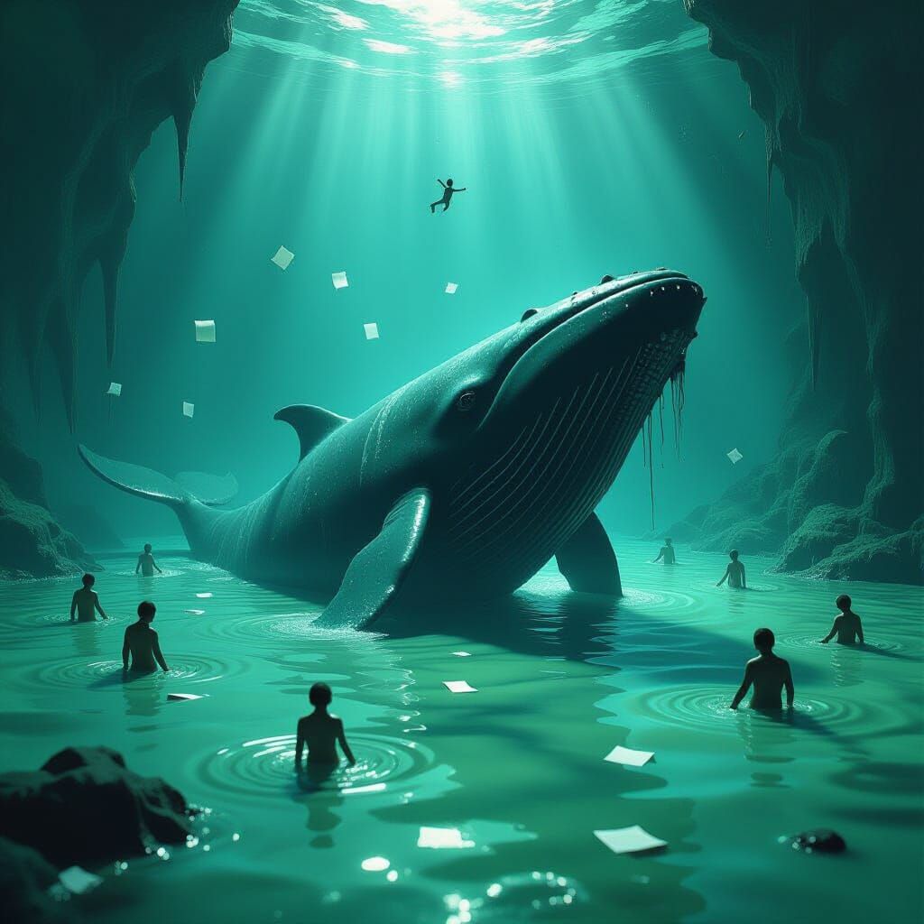Whale-Man Drowning in Surreal, Dark Fantasy Scene