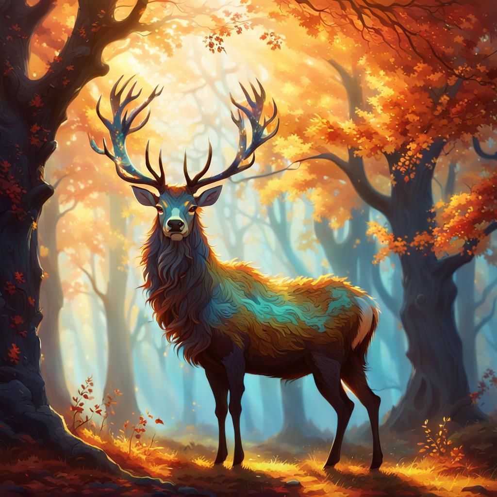 Mythical Stag in Autumn Forest, Fantasy Concept Art