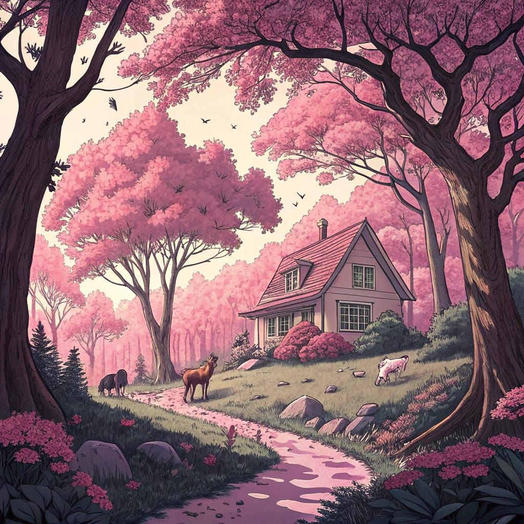 Pink Forest with Animals in Manga Scan Style