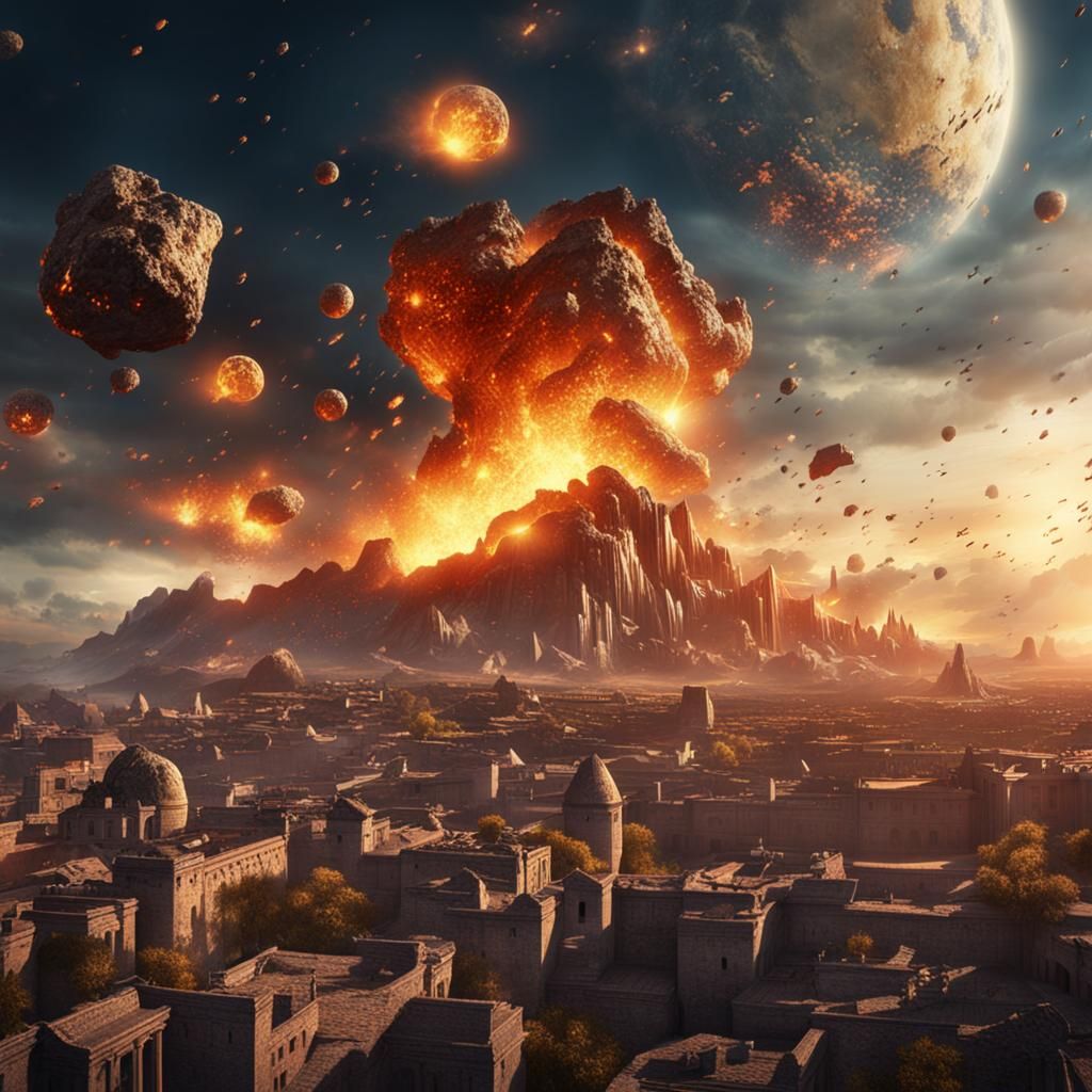 Fiery Meteorites Decimate Ancient City in Digital Painting