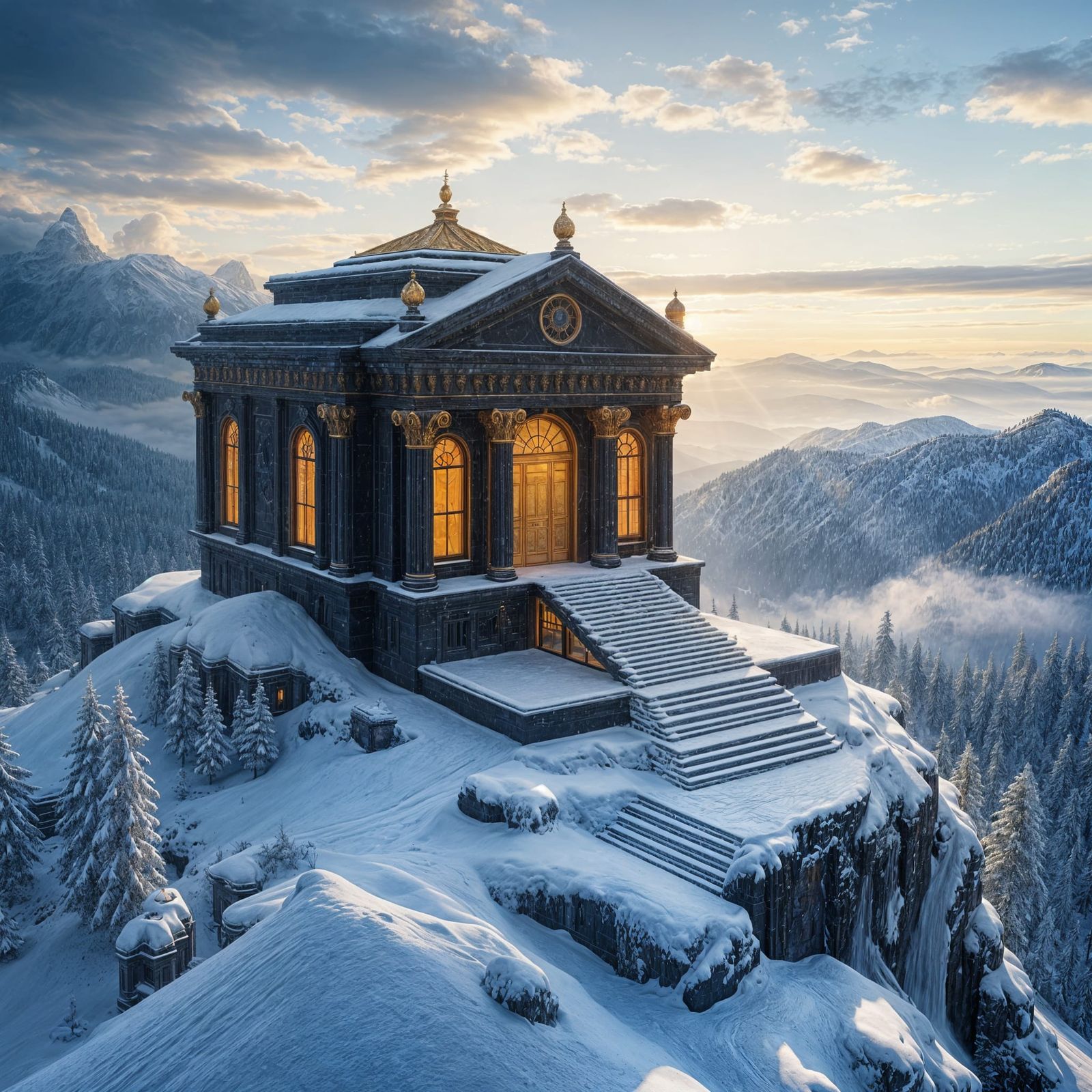Majestic Black Marble Temple on Snowy Mountain Peak