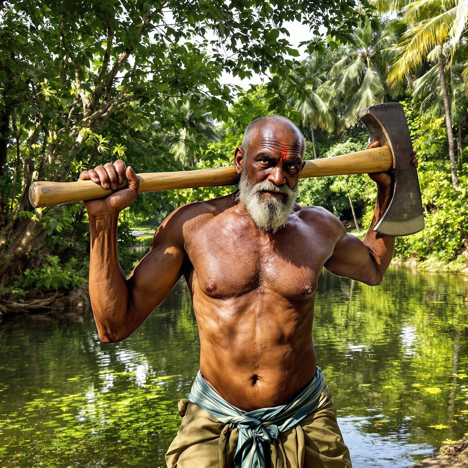 Rugged Indian Warrior in Traditional Mundu, Axe in Hand, in...