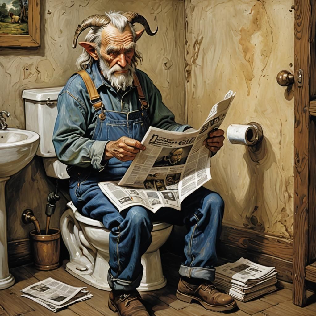 Grandpa Billy goat dressed in overalls reading a newspaper o...