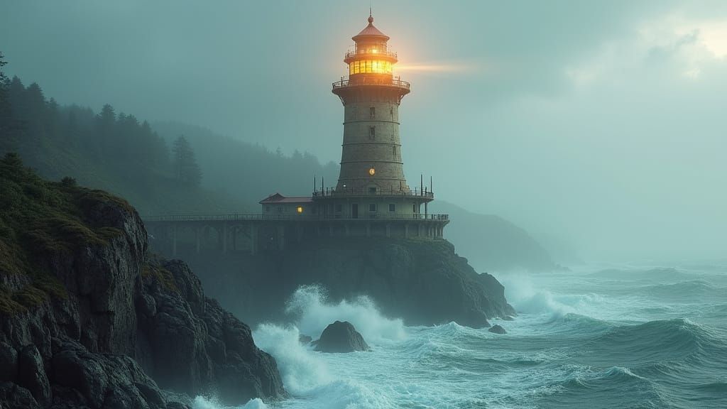 Steampunk Lighthouse on Coastal Cliff in Matte Painting Styl...