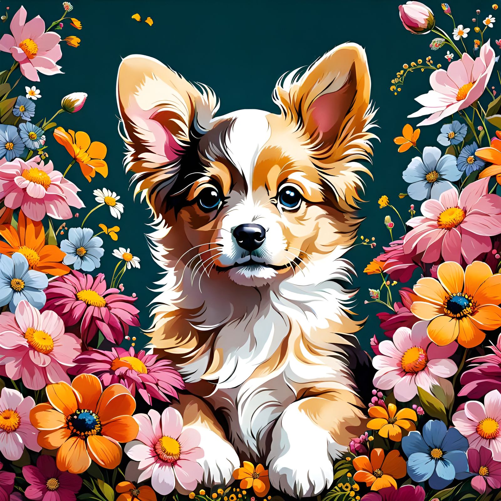 Puppy Portrait with Flowers in Digital Art Style