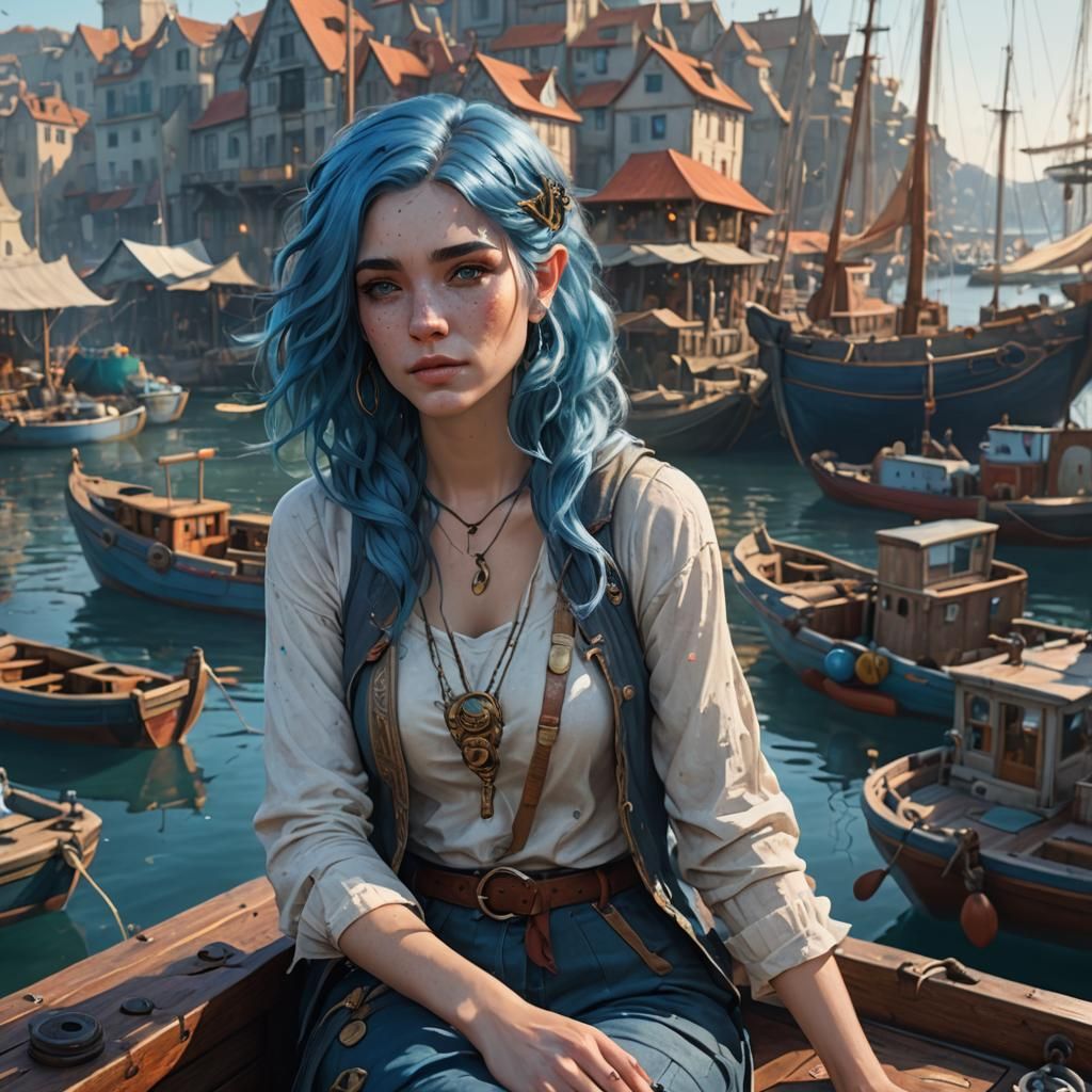 Blue-Haired Girl in Fantasy Harbor, Digital Art