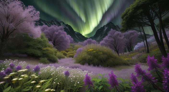 Kaleidoscopic Meadow at Night: Ink Illustration