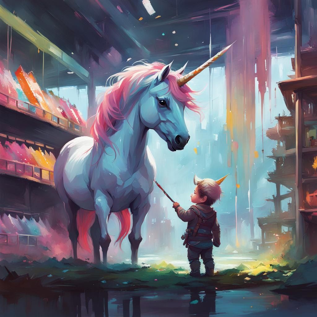 Baby Unicorn in Pet Store: Gouache Painting
