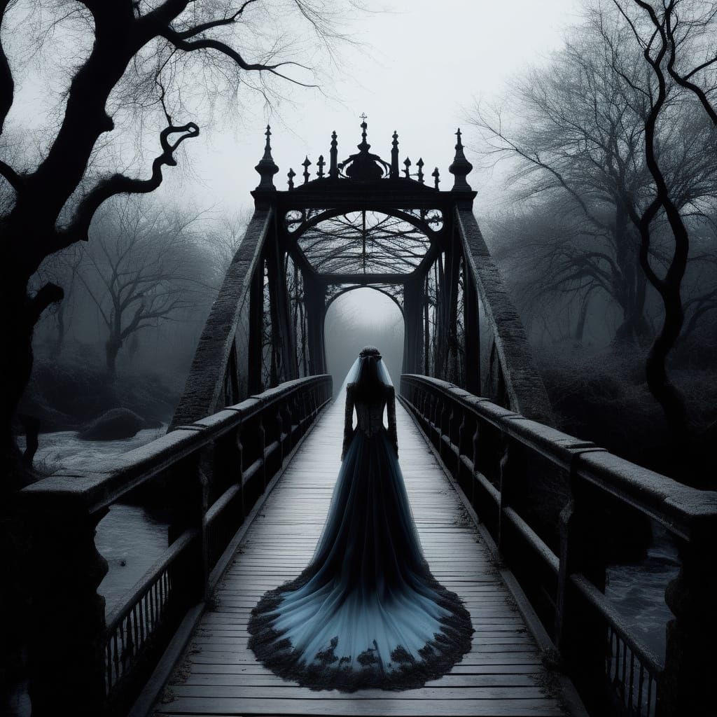 Gothic Bride on Bridge in Tim Burton Style