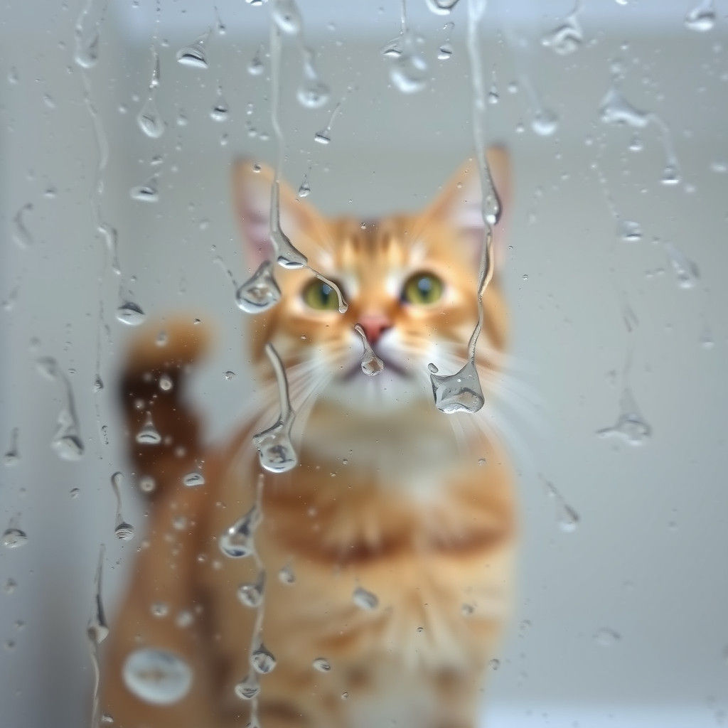 Blurred image Watching cat seen through a heavy condensation covered shower door