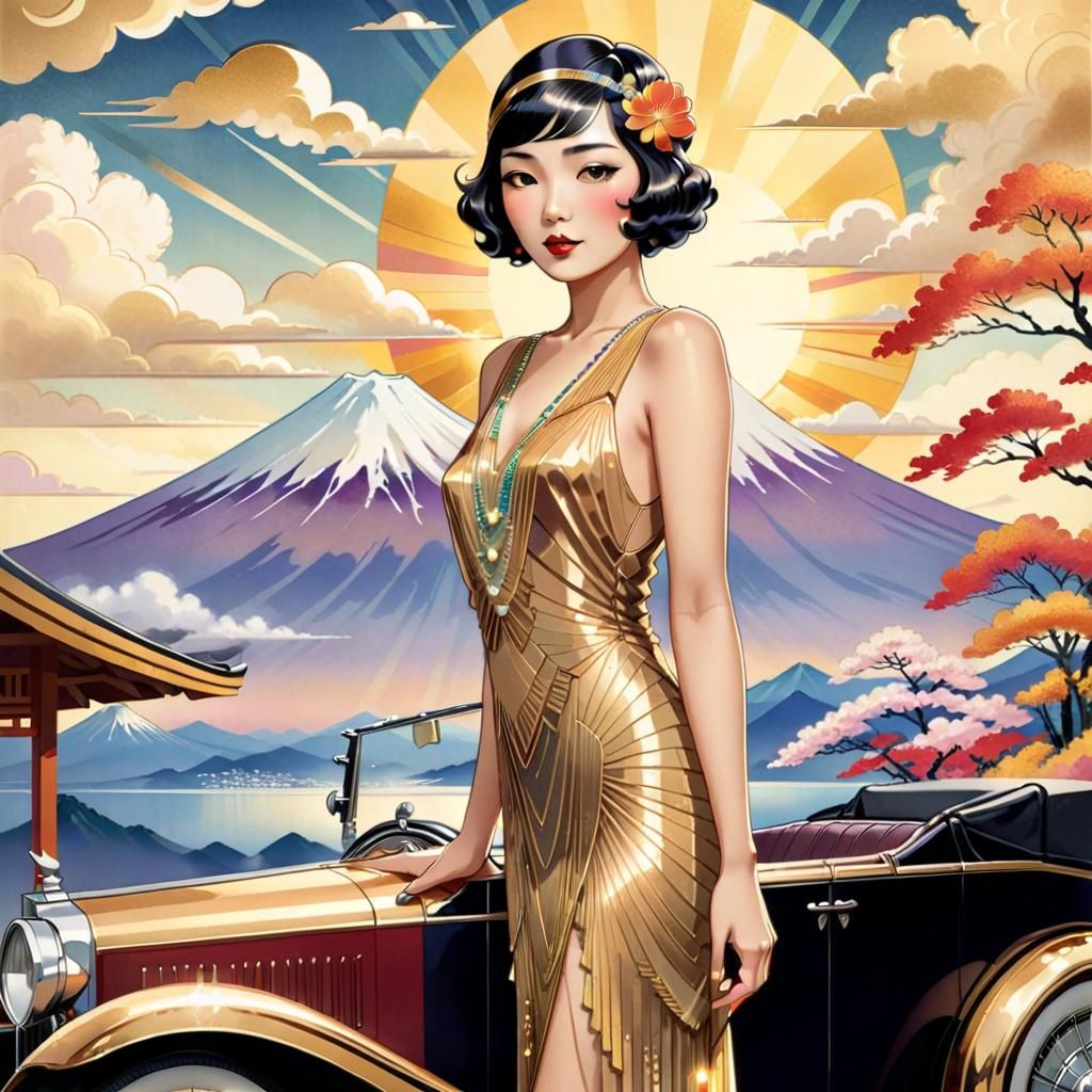 Art Deco Travel Poster: Asian Woman at Mount Fuji