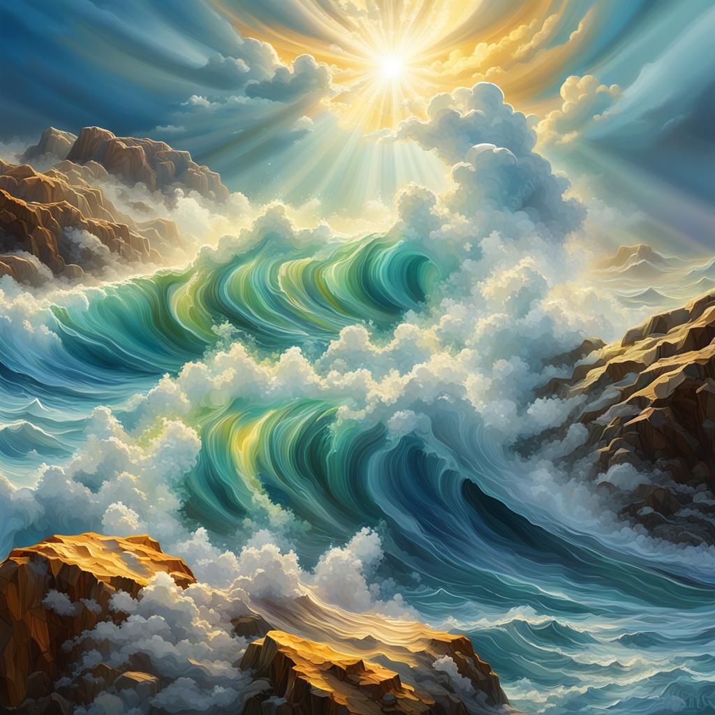 Waves Crashing on Rocks in Ethereal Style