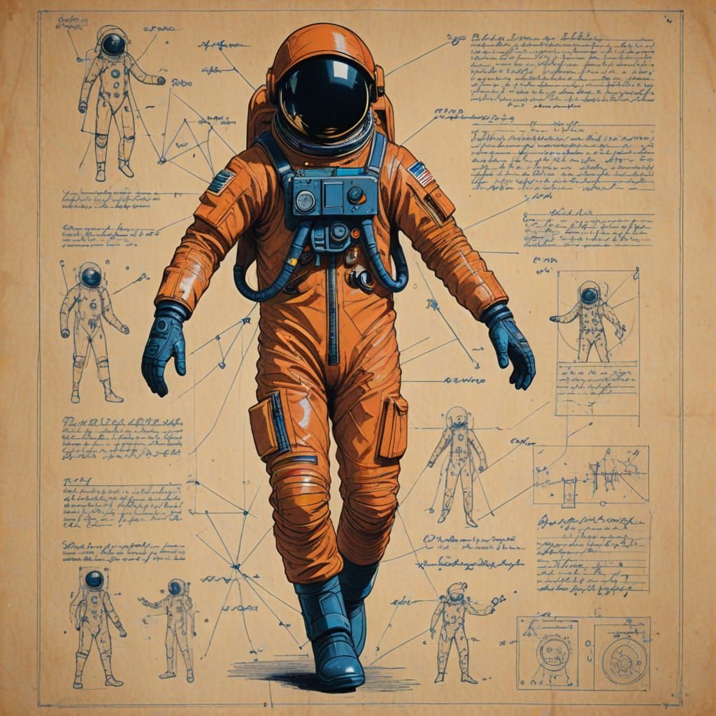 Spaceman in burnt orange blueprint