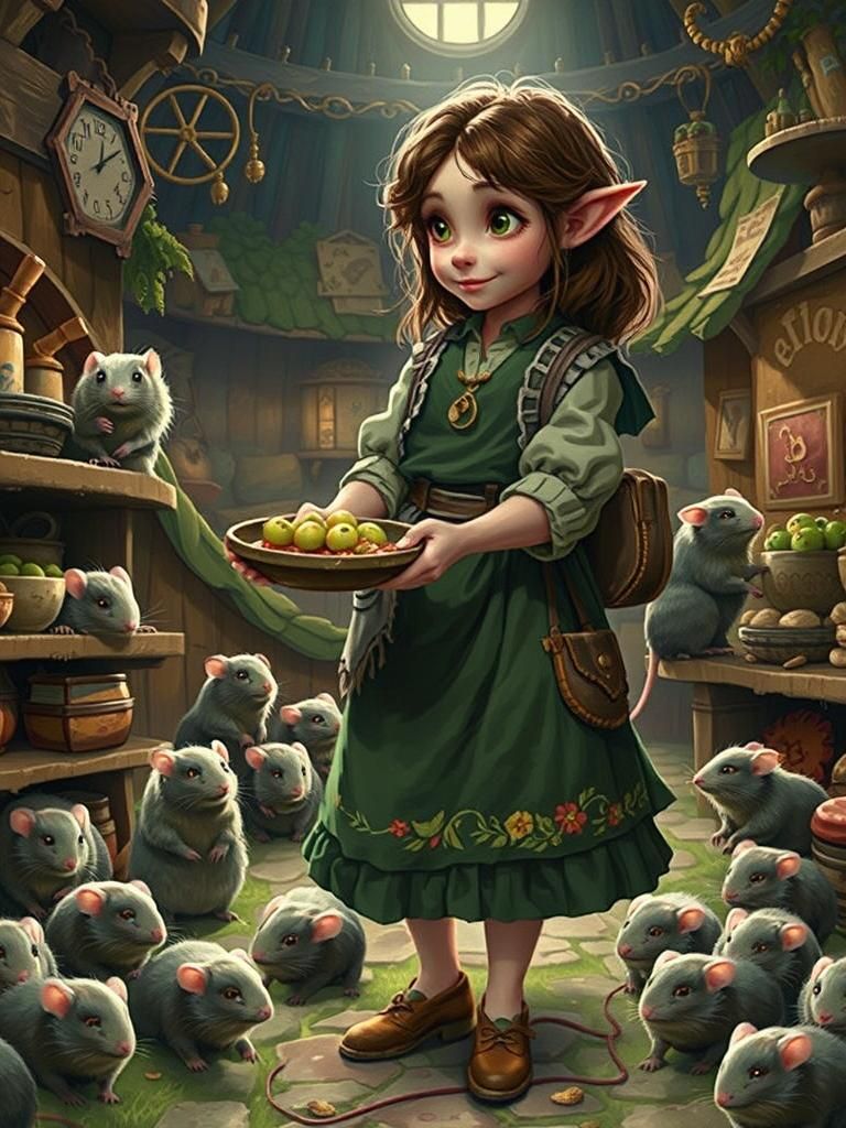 Whimsical Halfling Girl with Adorable Pet Rats in Rustic Set...