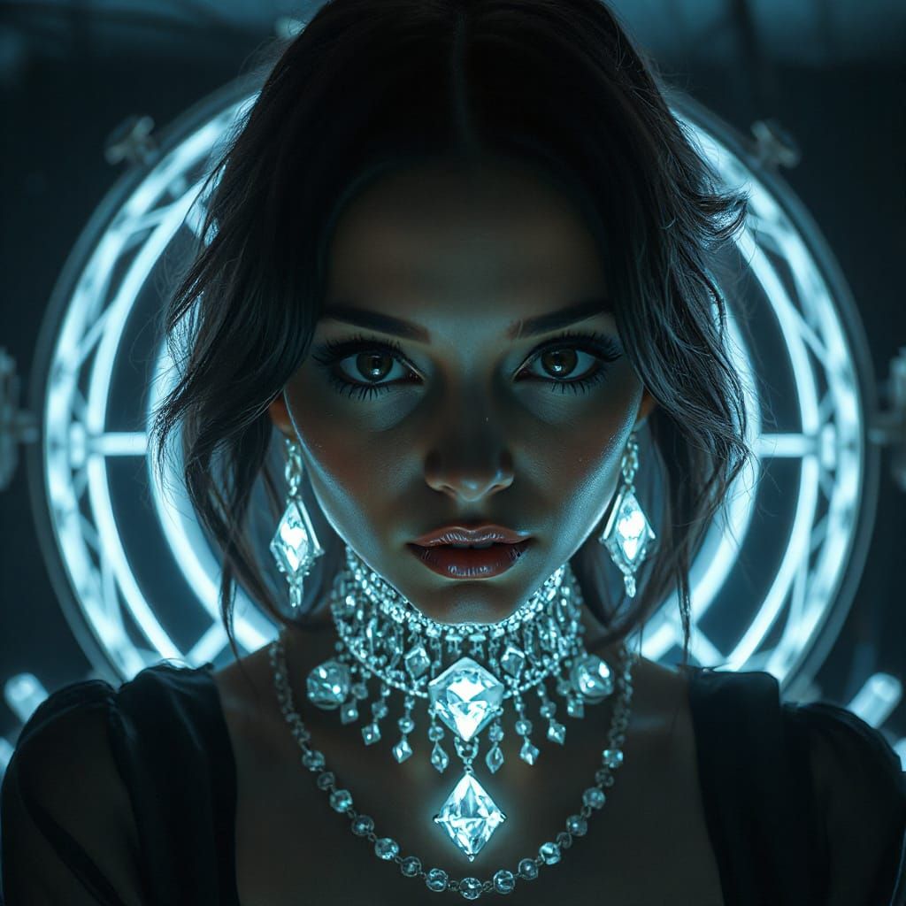 Mysterious Woman Pin-up in bioluminescent white glow dark laboratory, multilayered_black_eyes, soft lighting, sharp focu...