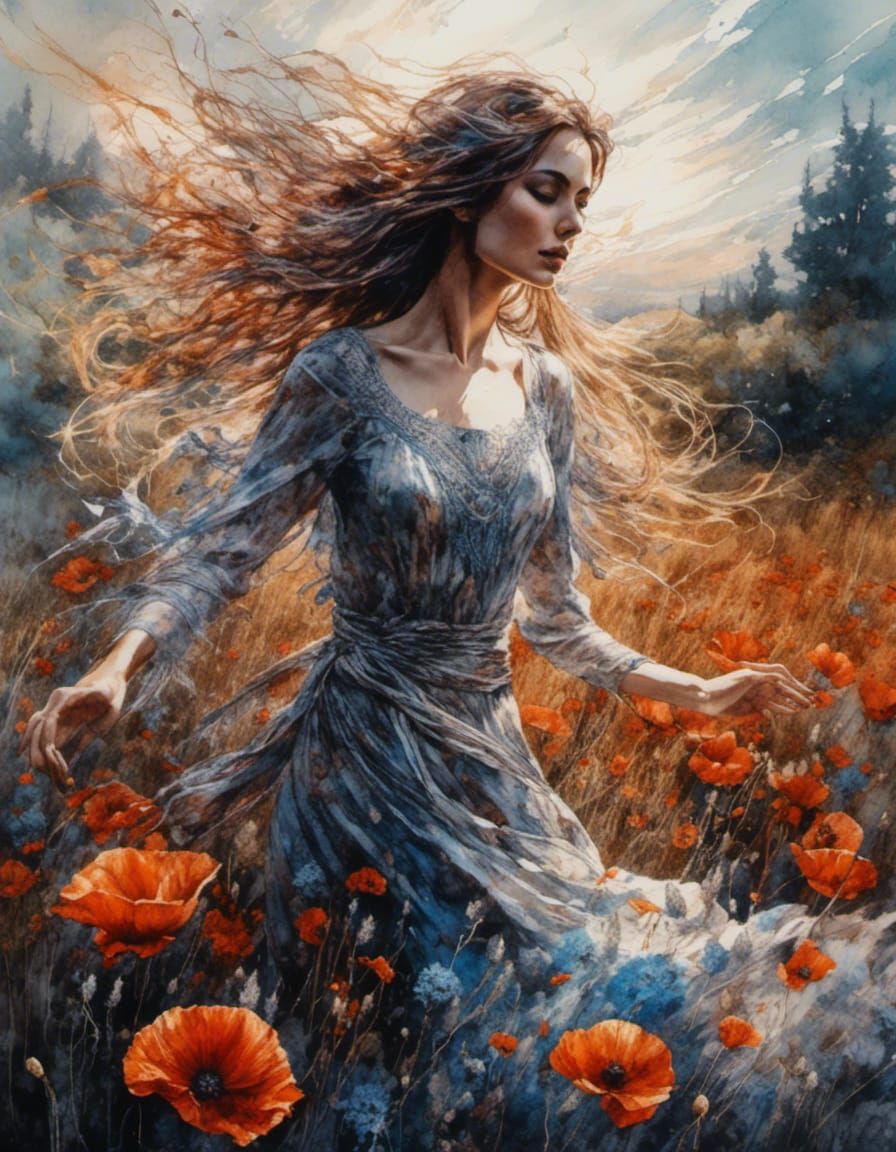 Dancing Ghost in Poppy Field: Watercolor Specter