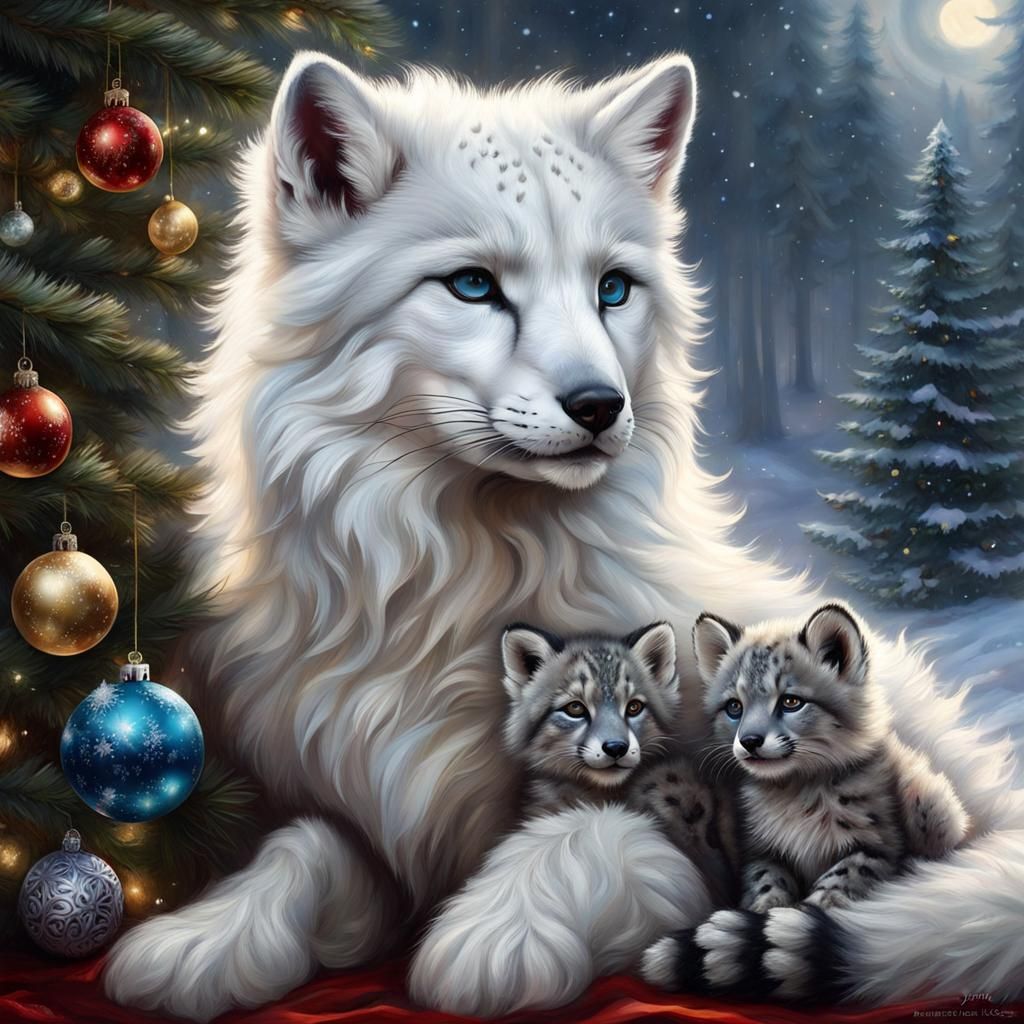 Snow Leopard Arctic Fox Hybrid Pup Under Christmas Tree