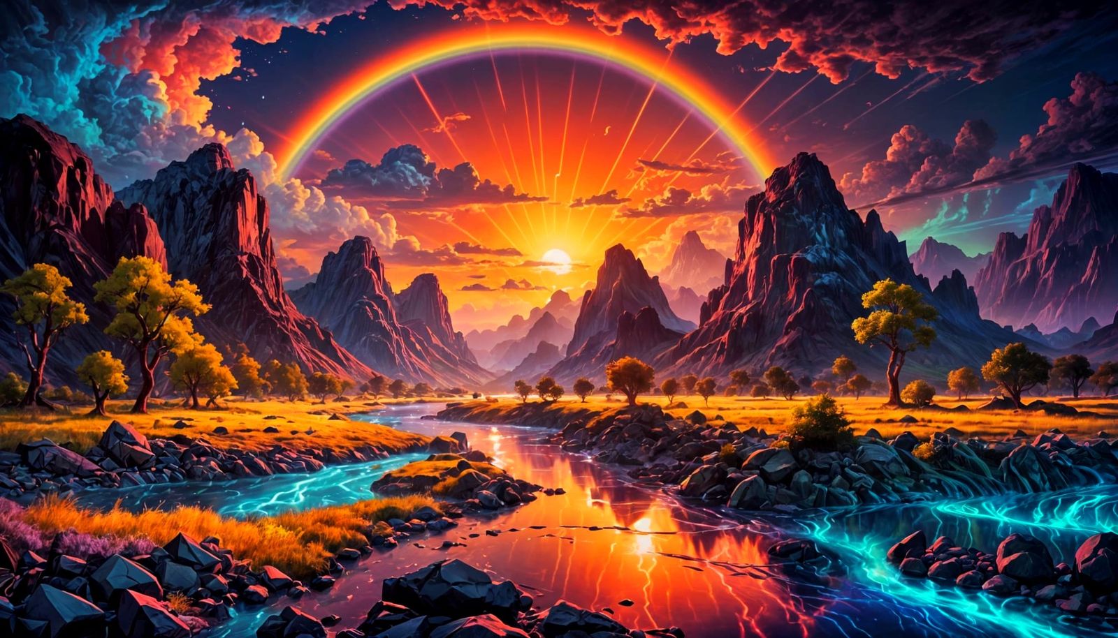Fluorescent Sunset Landscape with Rainbow River