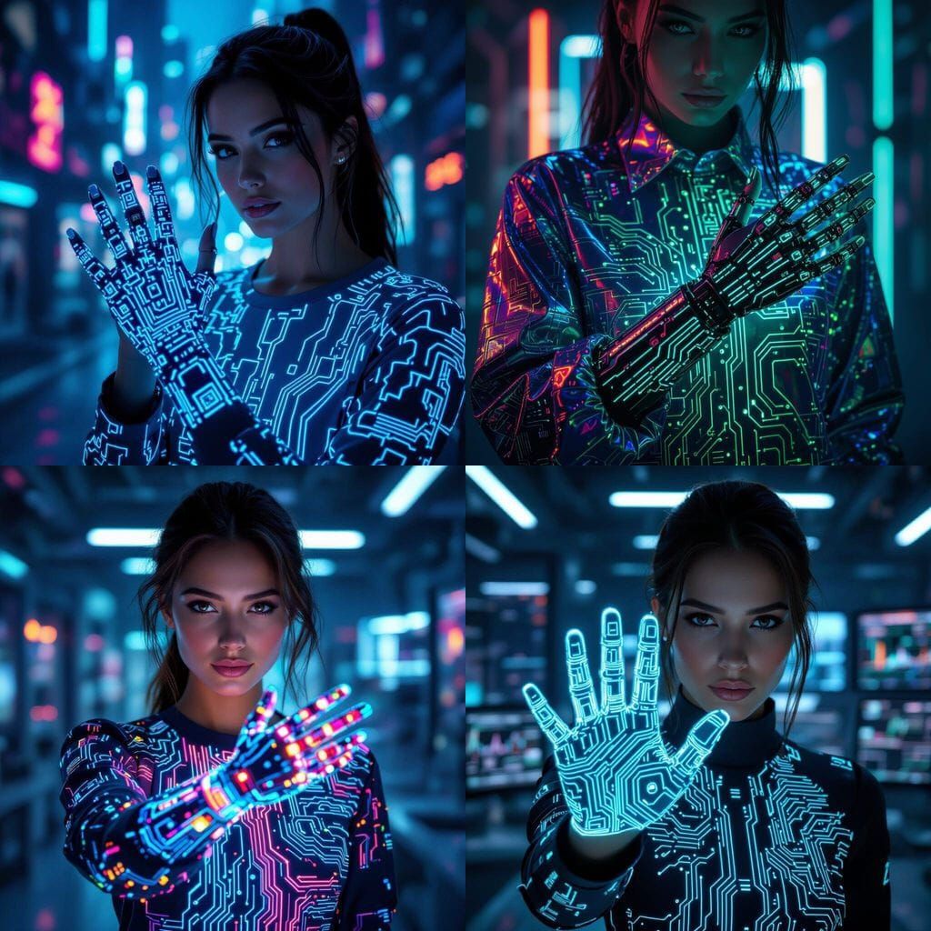 Woman's Hand Covered in Glowing Circuitry