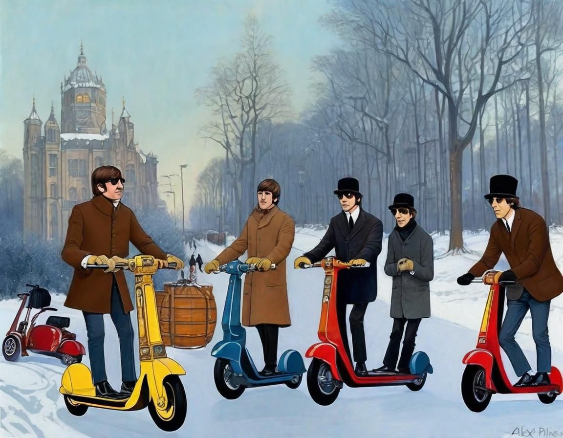 The Beatles on electric scooters in Winter Wonderland