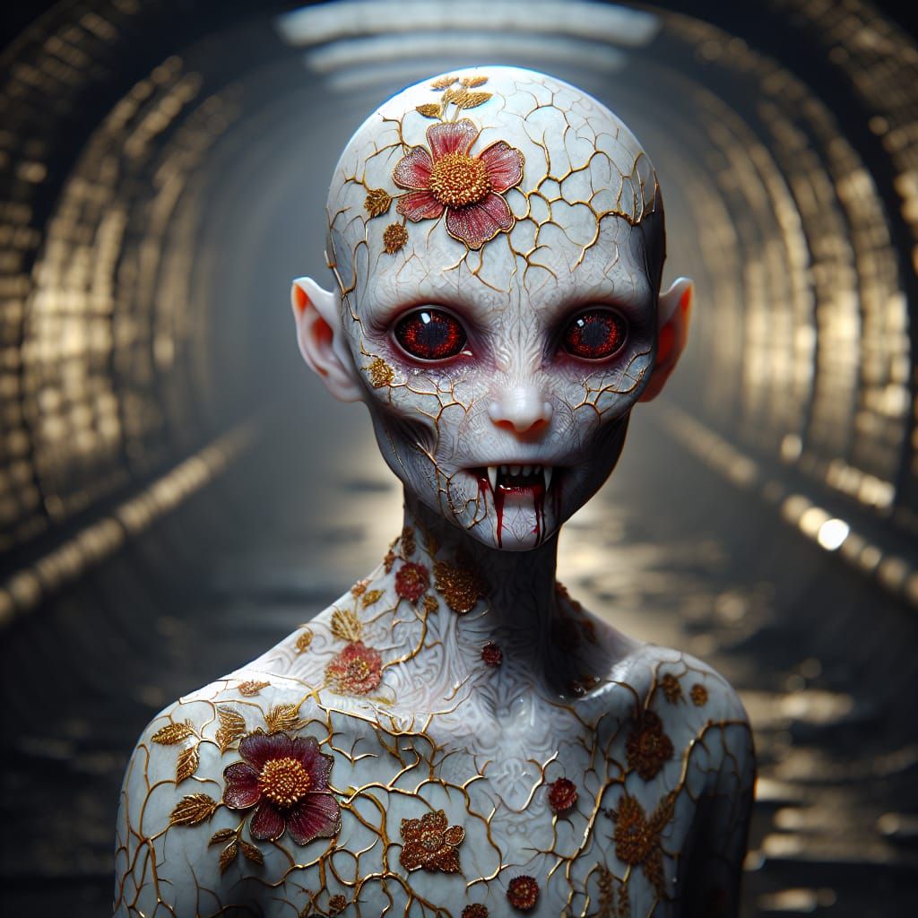 Hyperrealistic Porcelain Vampire with Golden Cracks