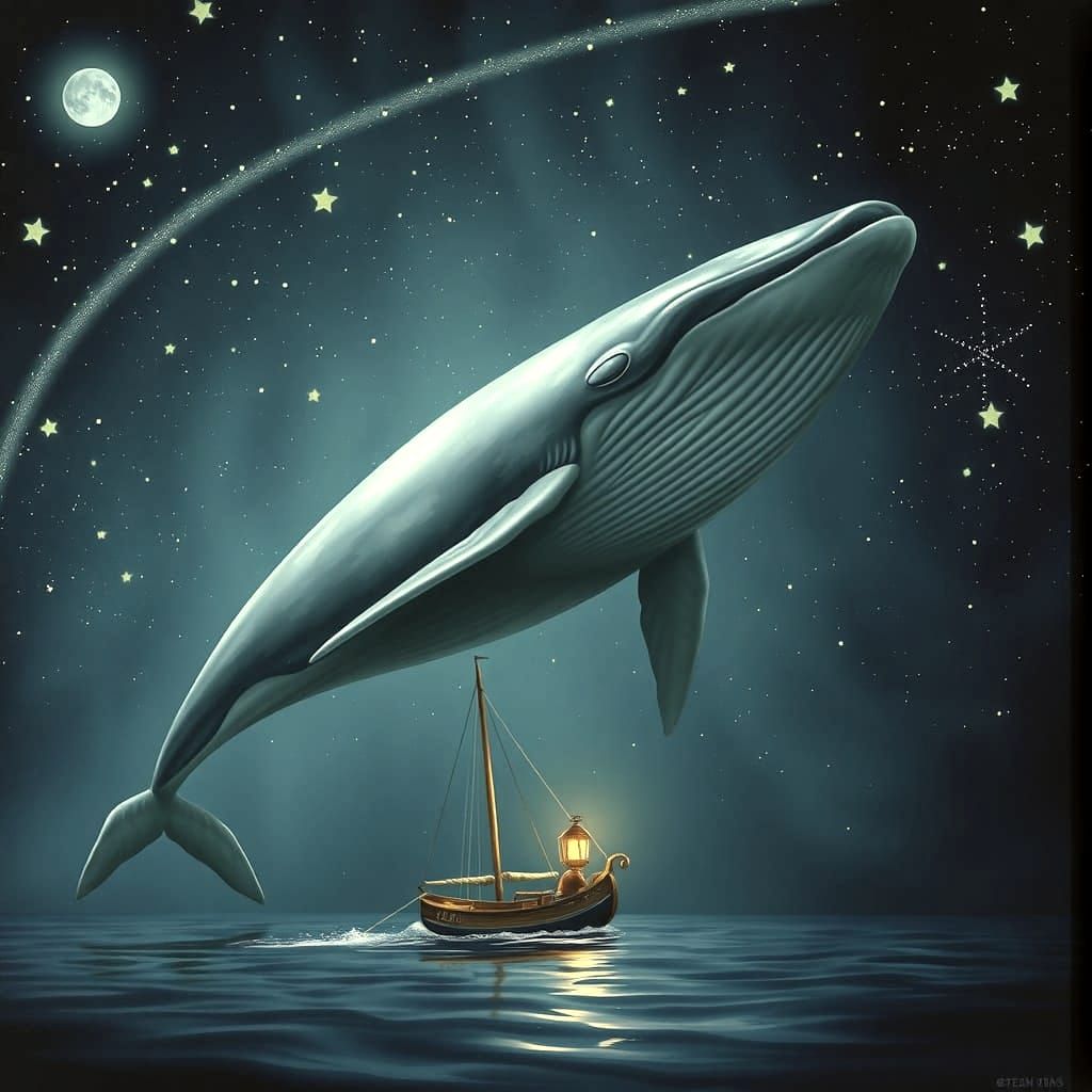 Whale Drifting in Starry Sky Above Fishing Boat