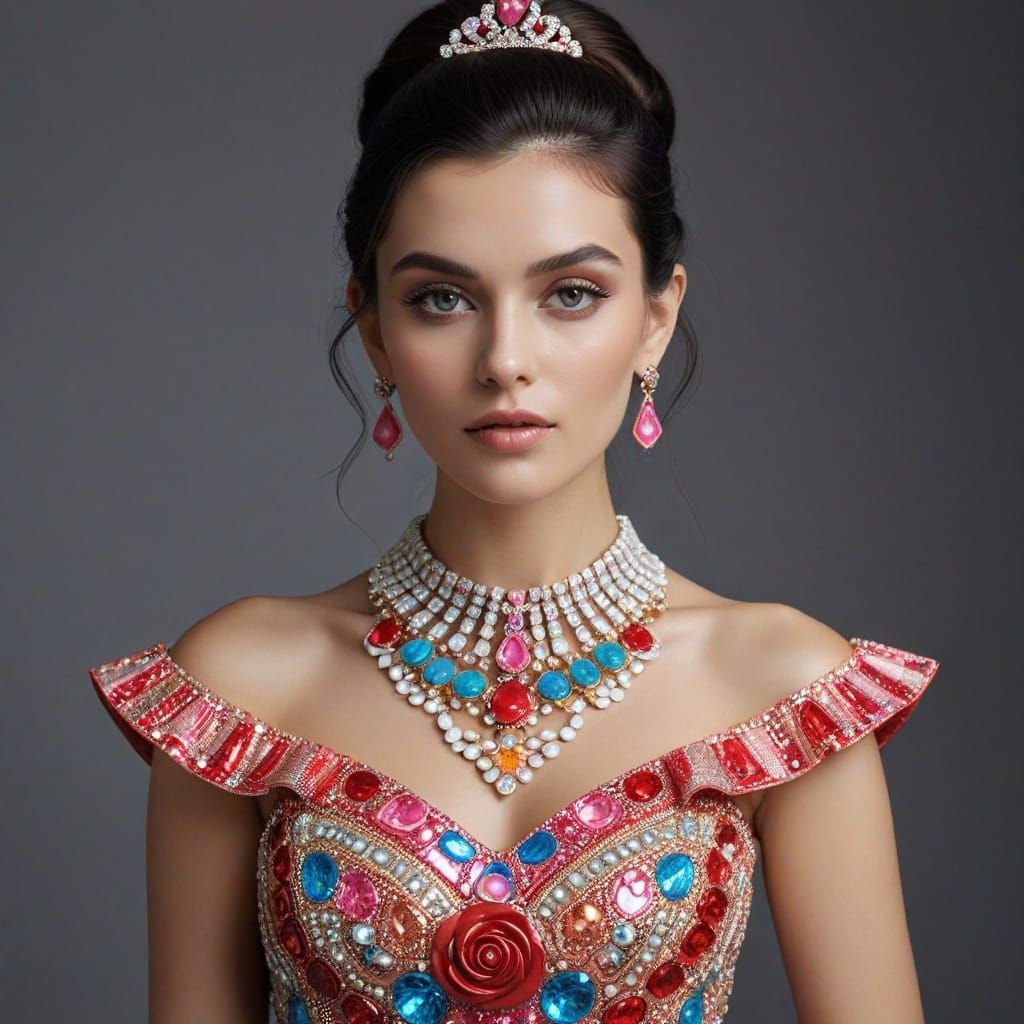 Model in Candy Dress with Glitter Jewelry