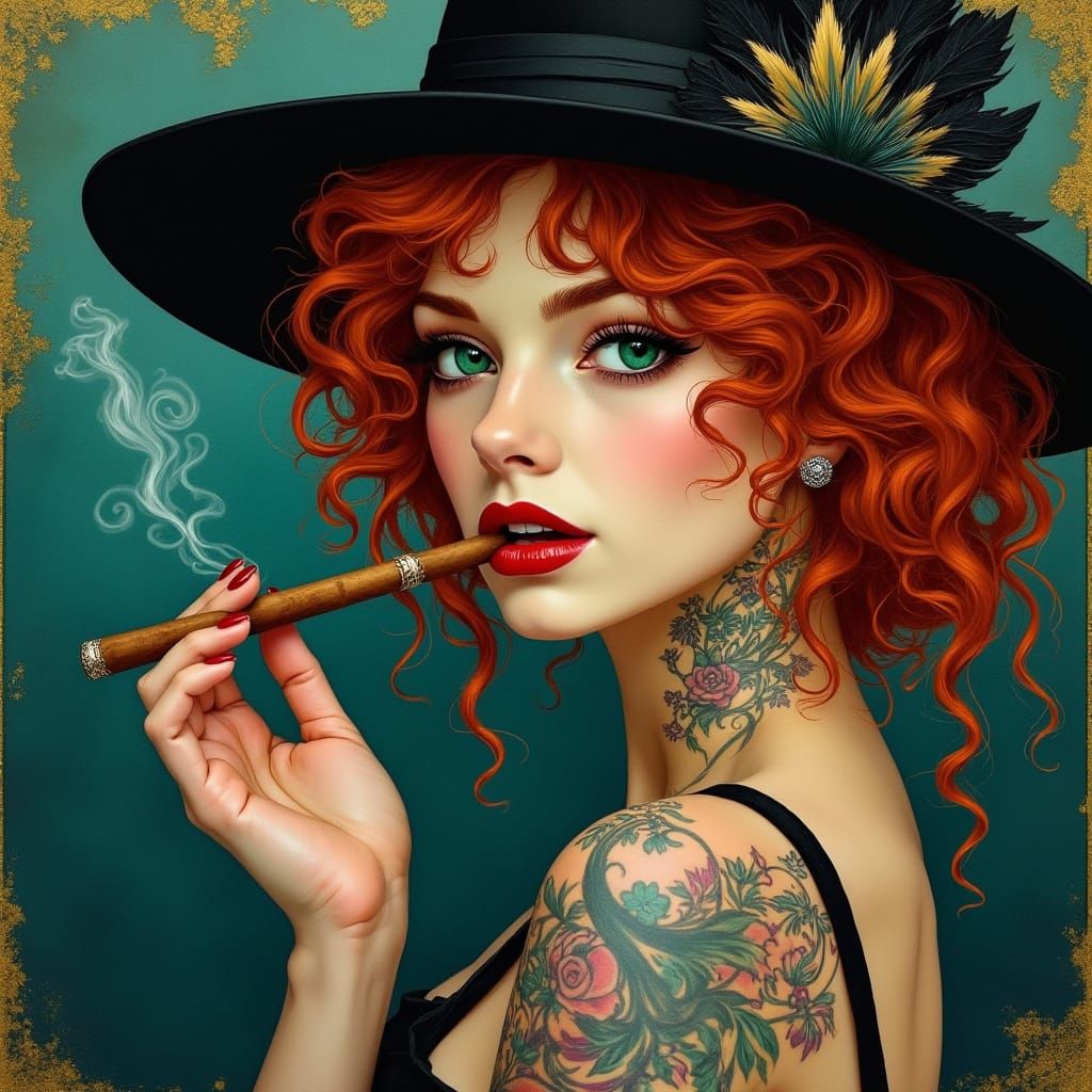 Pre-Raphaelite Woman with Emerald Eyes and Tattoos