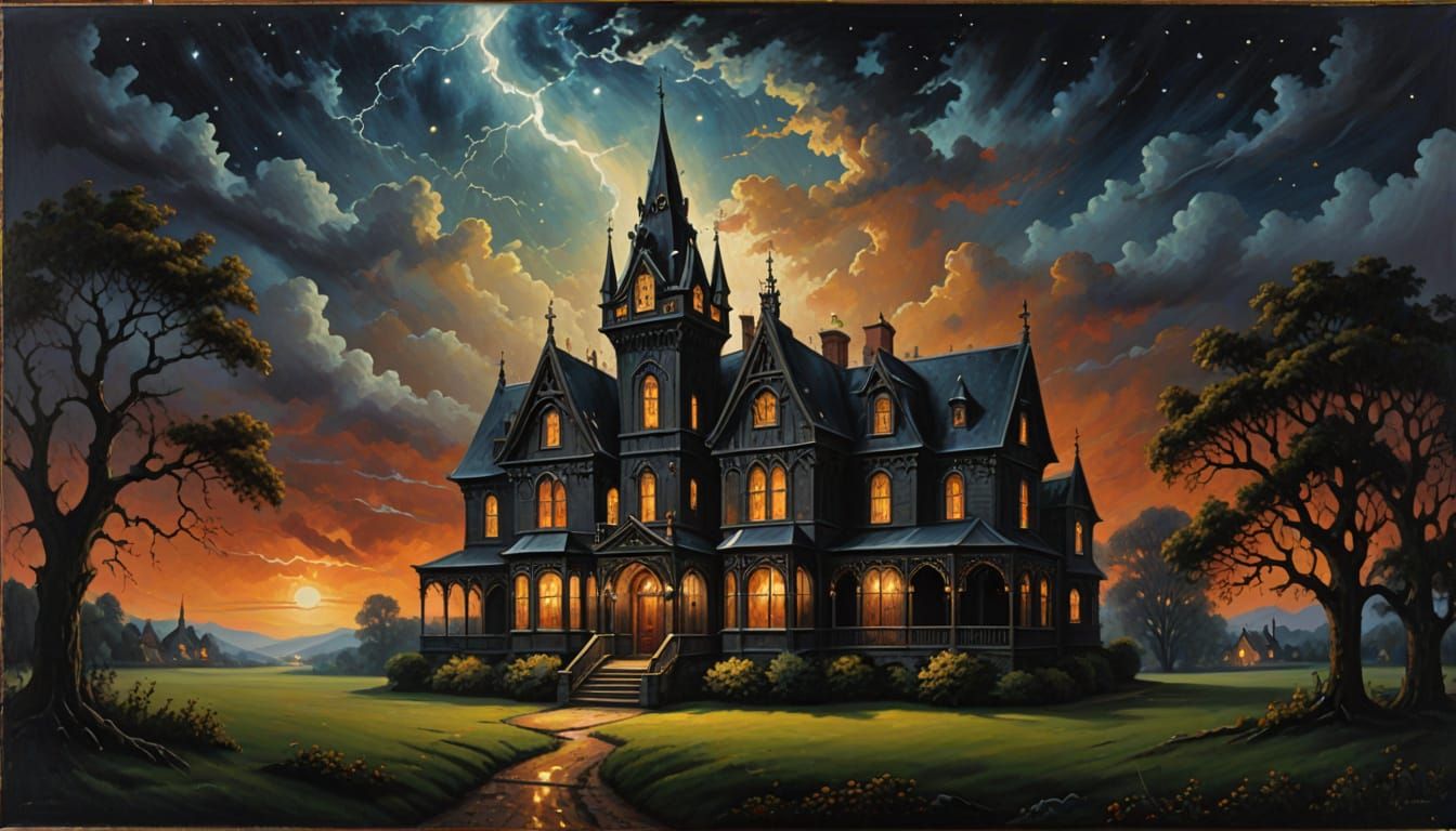 Gothic Mansion Under Lightning Sky Oil Painting