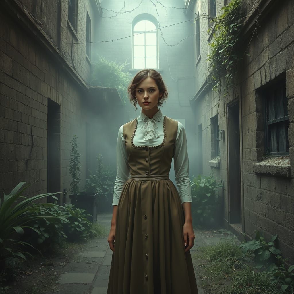 Vintage Woman in Abandoned Courtyard, Realismo Style