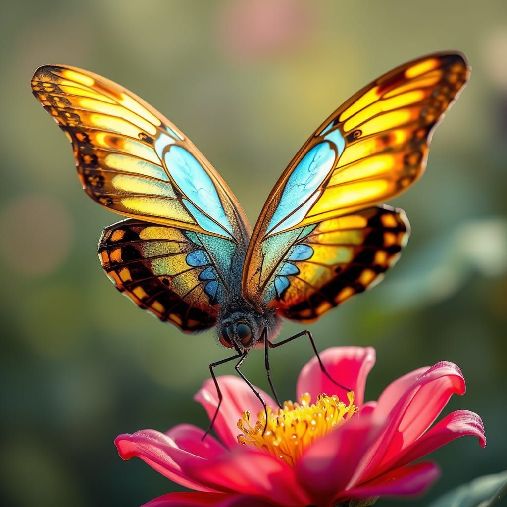 Intricate Butterfly on Flower in Luminous Digital Painting S...