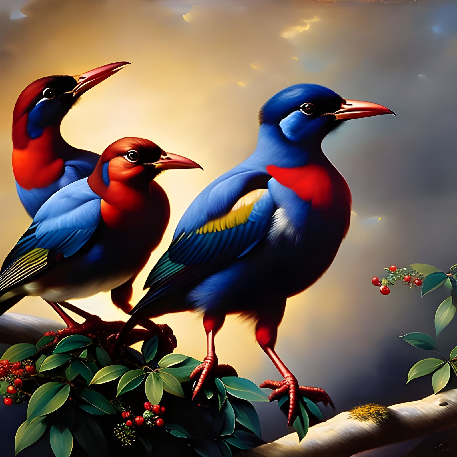 Wild Birds Eating Raspberries: Oil Painting Masterpiece