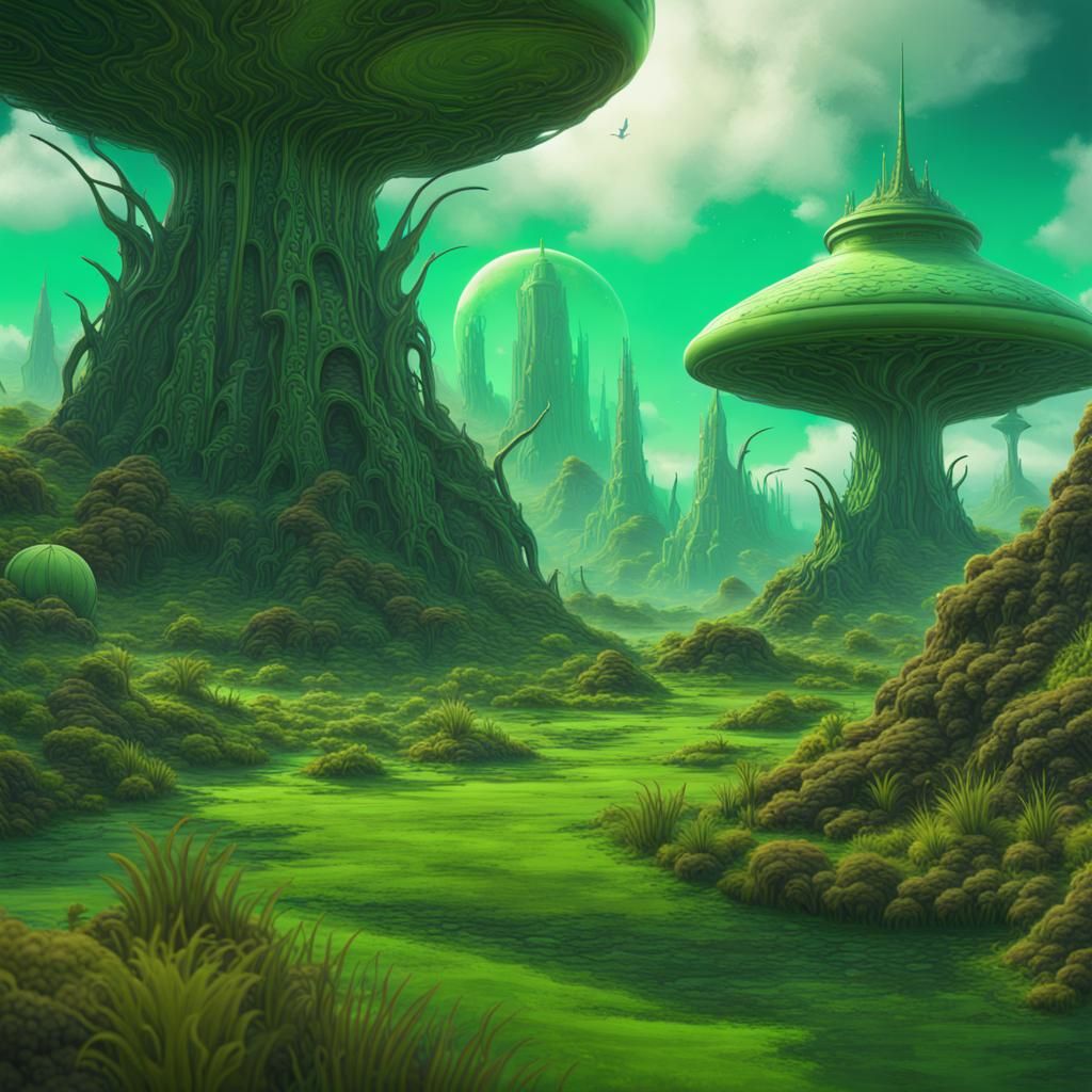 Green Landscape In The Style Of Kelly Freas