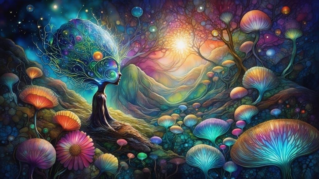 Bioluminescent Woman in Surreal Garden, Hyperrealistic 3D Ar...