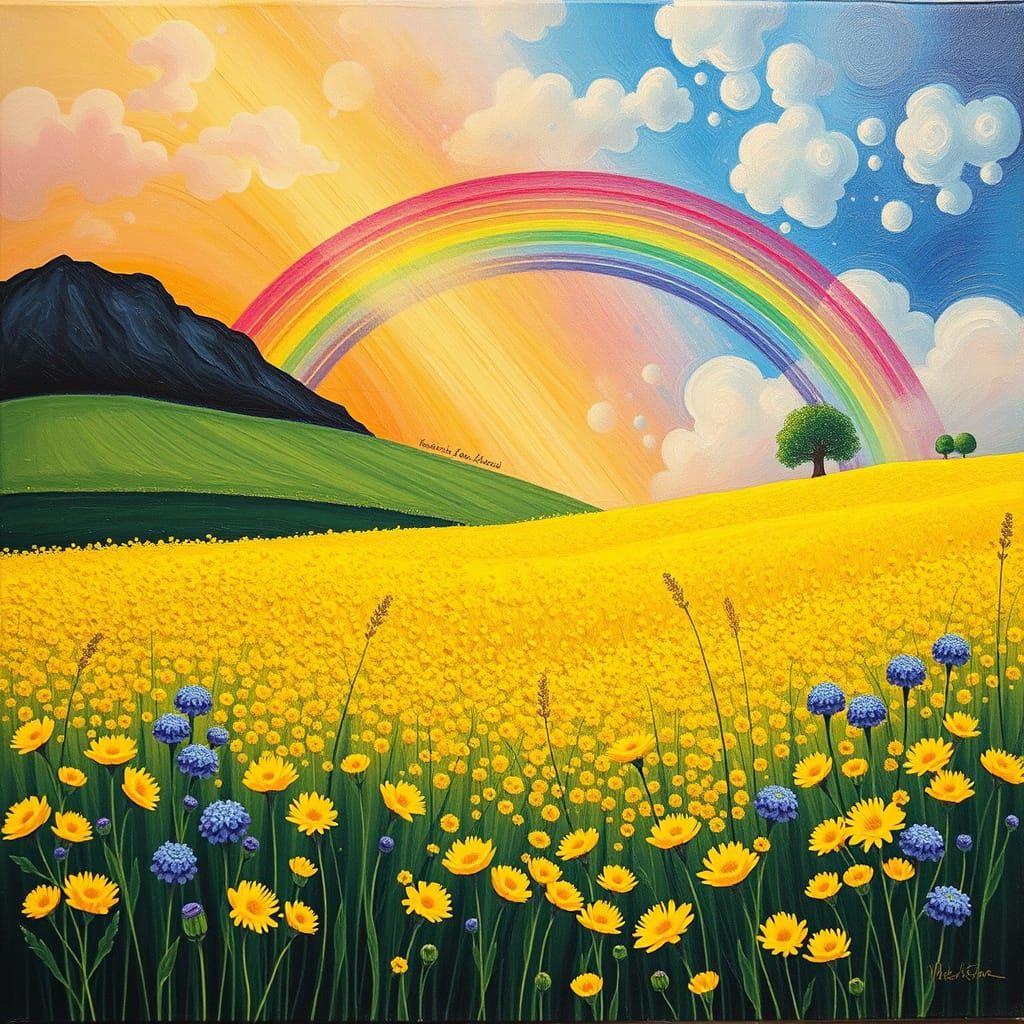 Vibrant Rapeseed Fields and Rainbow: Whimsical Acrylic Art