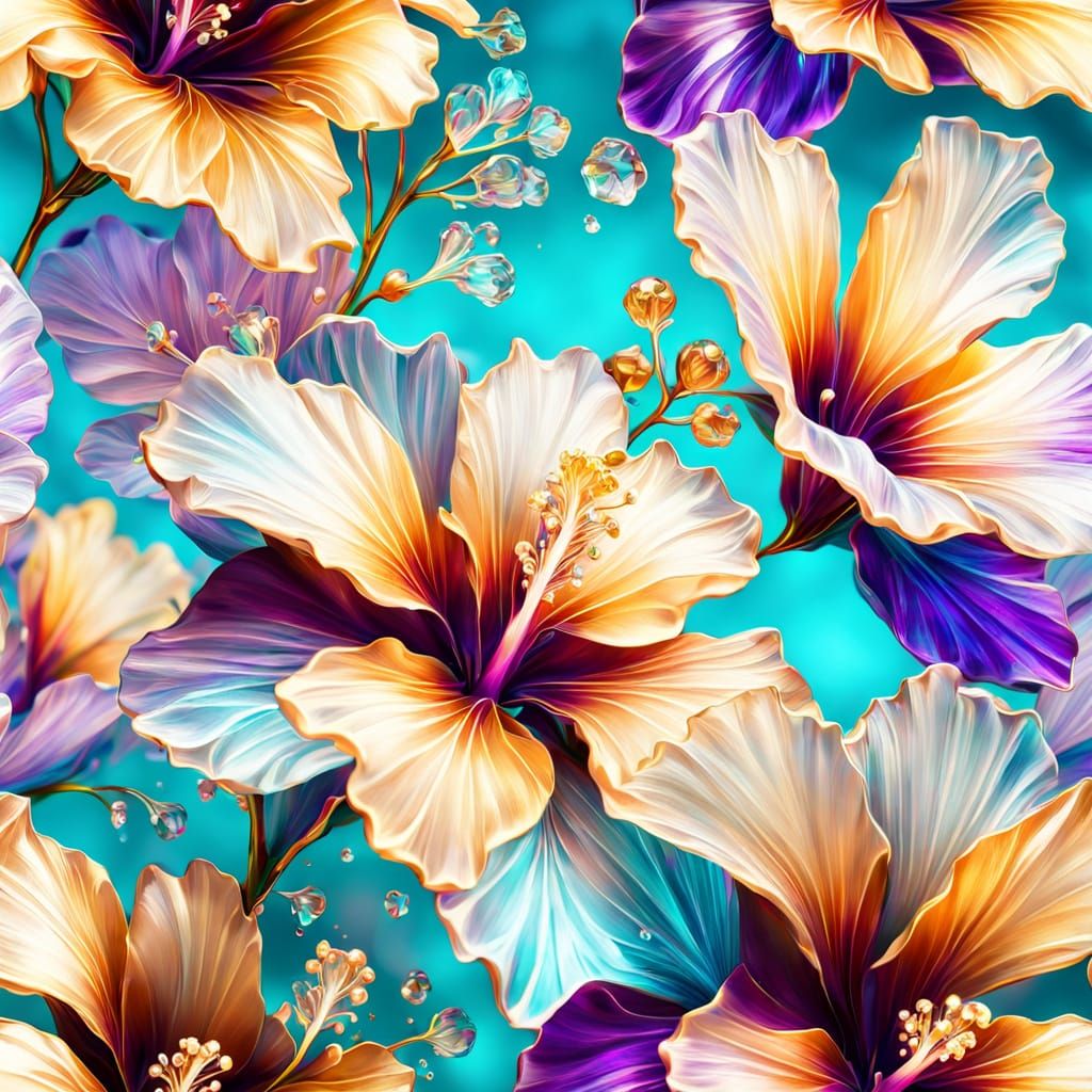 Crystal Hibiscus Flowers in Vibrant Digital Oil Painting