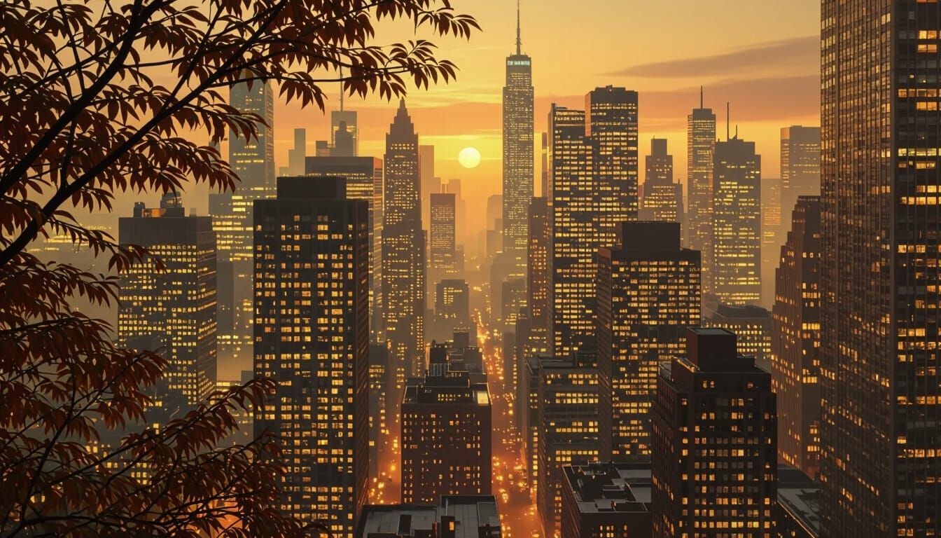 Cityscape at Dawn: Ethereal Sunrise Over Skyscrapers