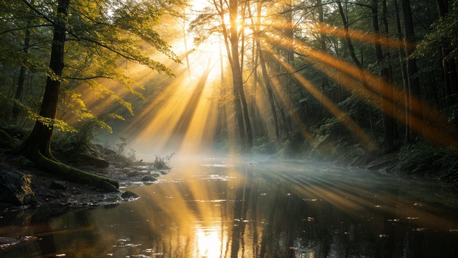 Serene Sunrise Renewal in Foggy Forest